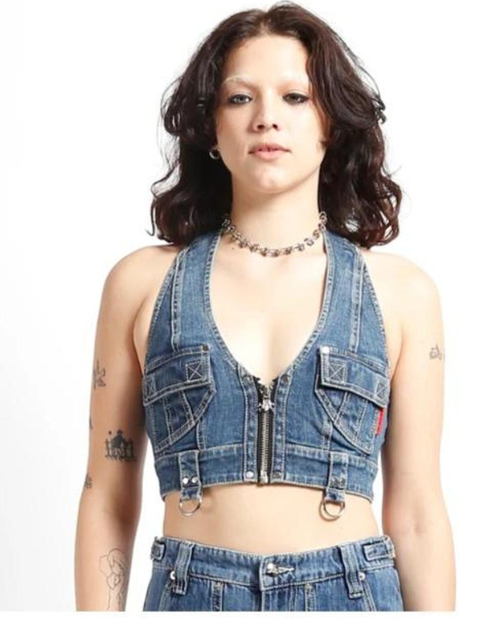 Tripp NYC Power Halter Denim Crop Top Sleeveless Front Zip Y2K Blue L